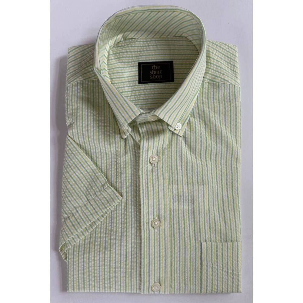 NEW THE SHIRT SHOP men's short sleeve button down in lime seersucker